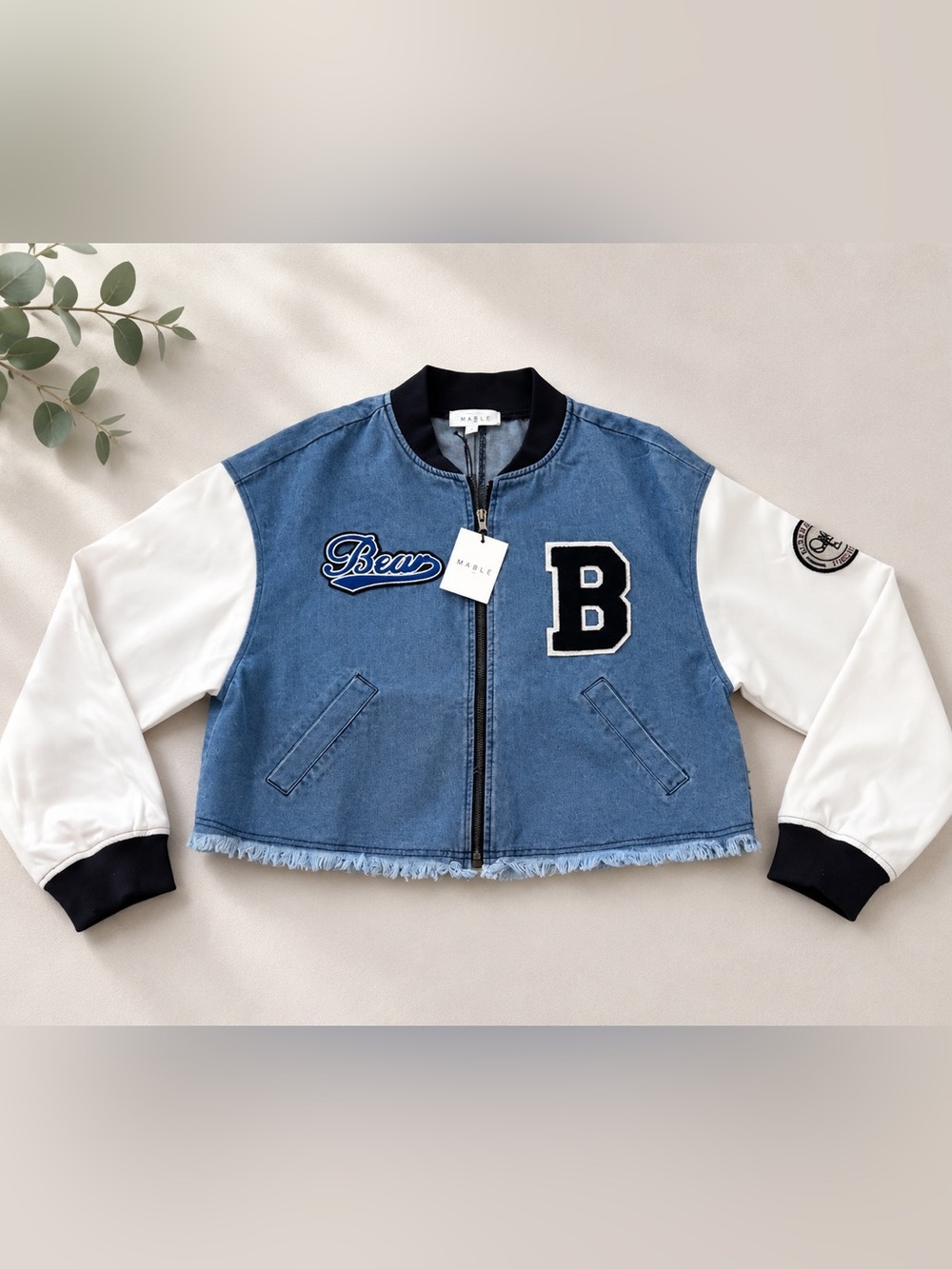 Anthropologie MABEL Blue Denim White Sleeve Cropped Letterman Varsity Jacket L